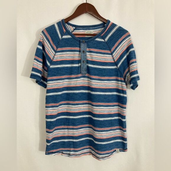 Lucky Brand Mens Henley Shirt M Blue Coral Stripe Short Sleeve Casual - Picture 2 of 8